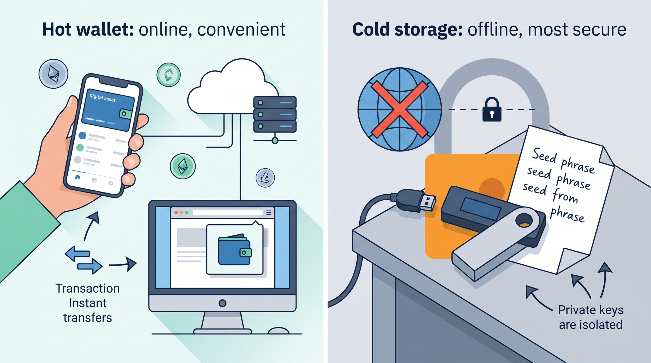 Diagram comparing an internet-connected hot wallet with an offline cold storage hardware wallet